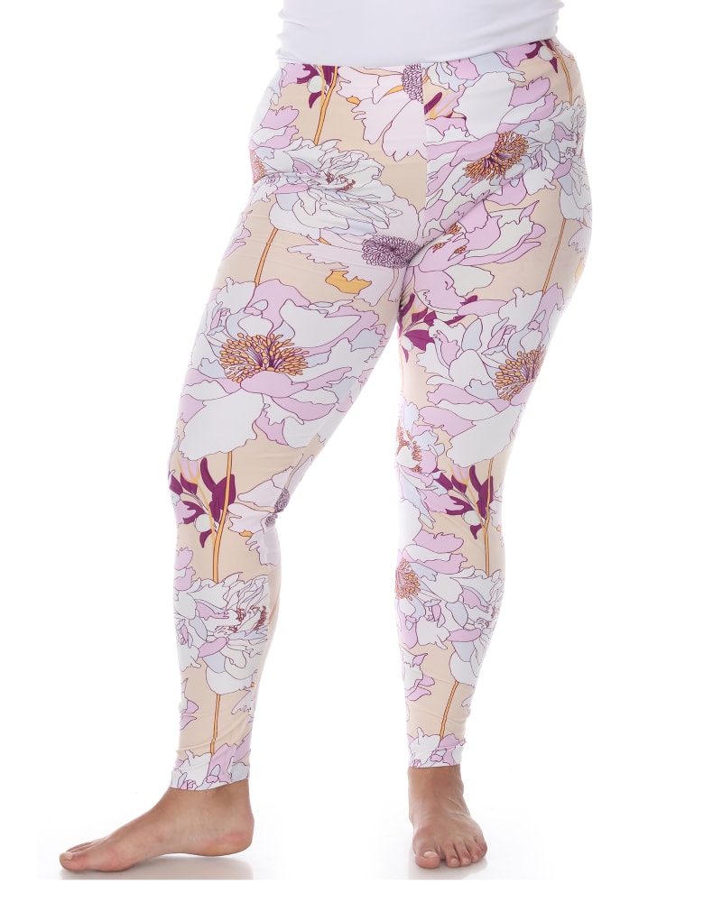 Front of a model wearing a size one-size-fits-all Super Soft Tropical Printed Leggings in Coral Pink Flower by White Mark. | dia_product_style_image_id:249264